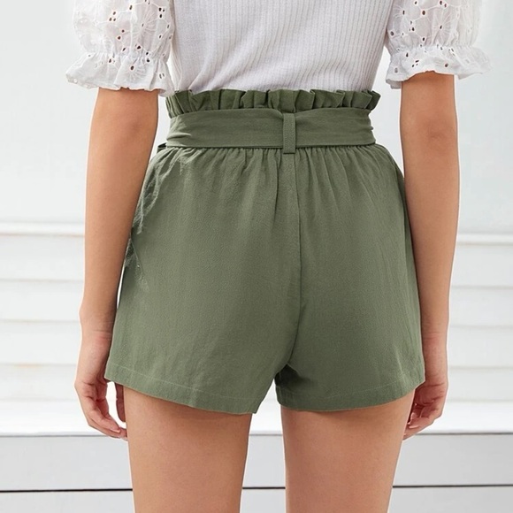 Boho Paperbag Belted Shorts high waist with pockets - olive green - Picture 2 of 11